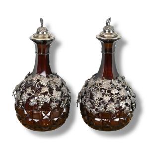 Coppia Di Brocche in Cristallo Con Decorazioni in Argento - Inghilterra Fine XIX Secolo